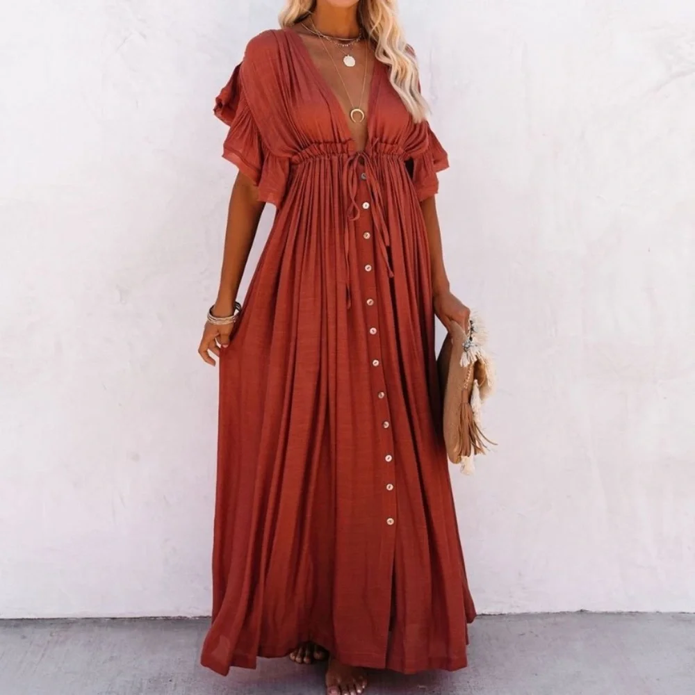 New Long Sienna Rust Maxi Gauze Dress - Picture 2 of 6